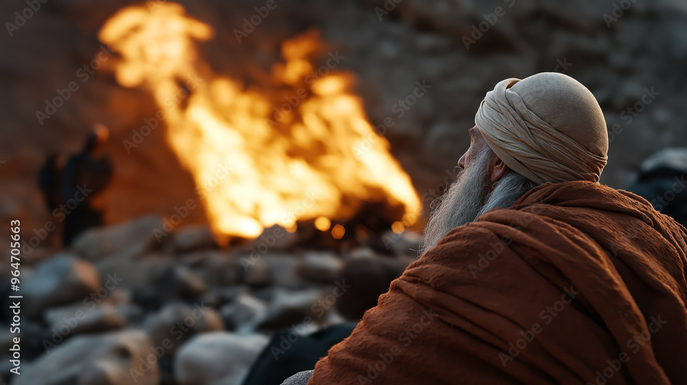 A person wearing traditional attire and a turban is seen in a rocky outdoor setting, gazing at a large bonfire in the background. Other individuals are blurred in the distance. A person wearing traditional attire and a turban is seen in a rocky outdoor setting, gazing at a large bonfire in the background. Other individuals are blurred in the distance.