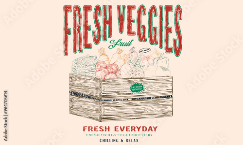 Fresh vegan and fruit box design.  Fruit and vegetable set design. Organic vegetable market. Fresh veggies shop artwork for t shirt print, poster, sticker and other uses.