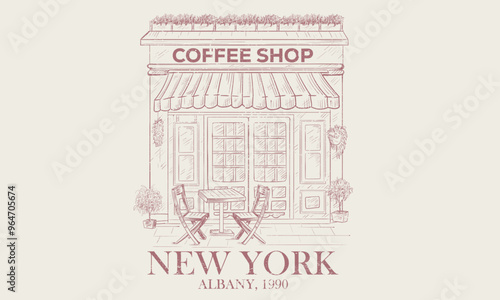 Street coffee shop, Hand sketch cafe building design. Vector sketch illustration of new york city restaurant. 
