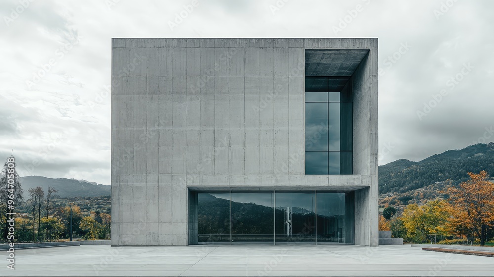 A concrete and glass building with an abstract rock-inspired design. A concrete and glass building with an abstract rock-inspired design.