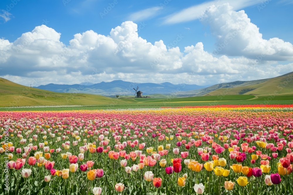 A stunning field of vibrant tulips flourishes under a bright blue sky. The rolling hills create a peaceful backdrop. This image captures the beauty of nature. Generative AI A stunning field of vibrant tulips flourishes under a bright blue sky. The rolling hills create a peaceful backdrop. This image captures the beauty of nature. Generative AI