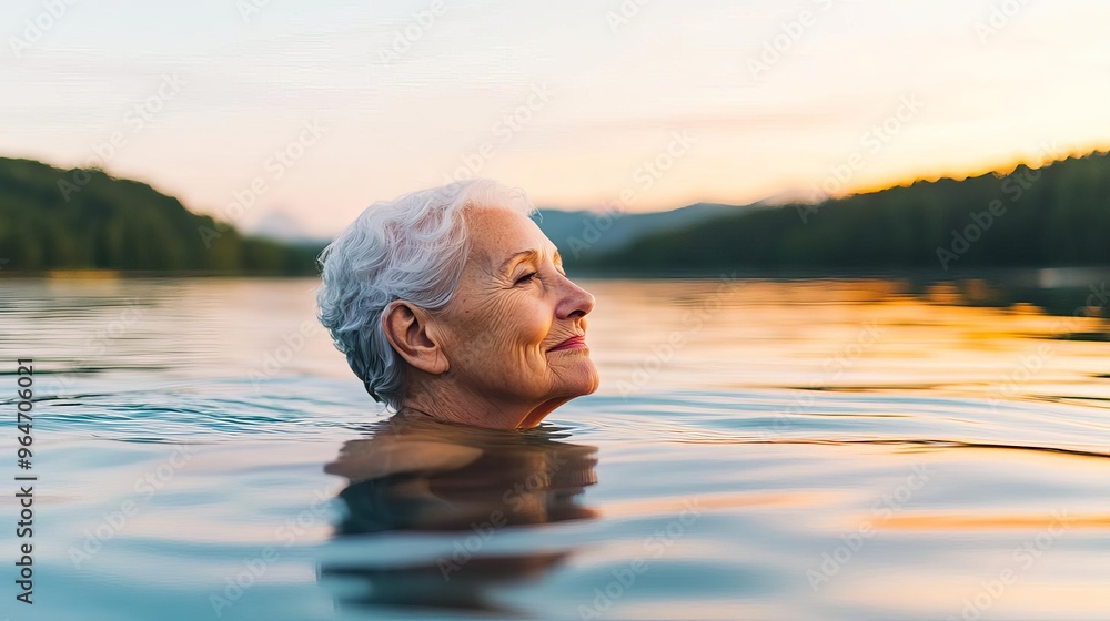 Fototapeta premium Elderly woman swimming in a lake at sunrise, embodying active aging and freedom