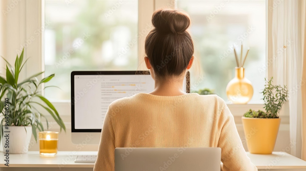 Female entrepreneur working from home with ergonomic setup, reflecting mental and physical wellness Female entrepreneur working from home with ergonomic setup, reflecting mental and physical wellness