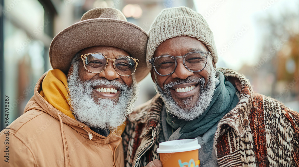 Two men with glasses and hats smiling and holding cups Two men with glasses and hats smiling and holding cups