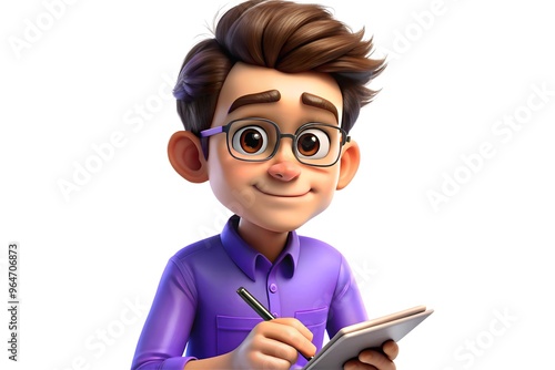 3d cartoon boy character writing in notebook with glasses and purple shirt on white background