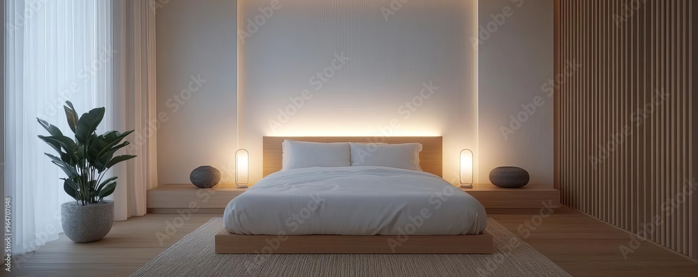 Minimalist bedroom with a meditation corner and soft lighting, symbolizing restful sleep Minimalist bedroom with a meditation corner and soft lighting, symbolizing restful sleep