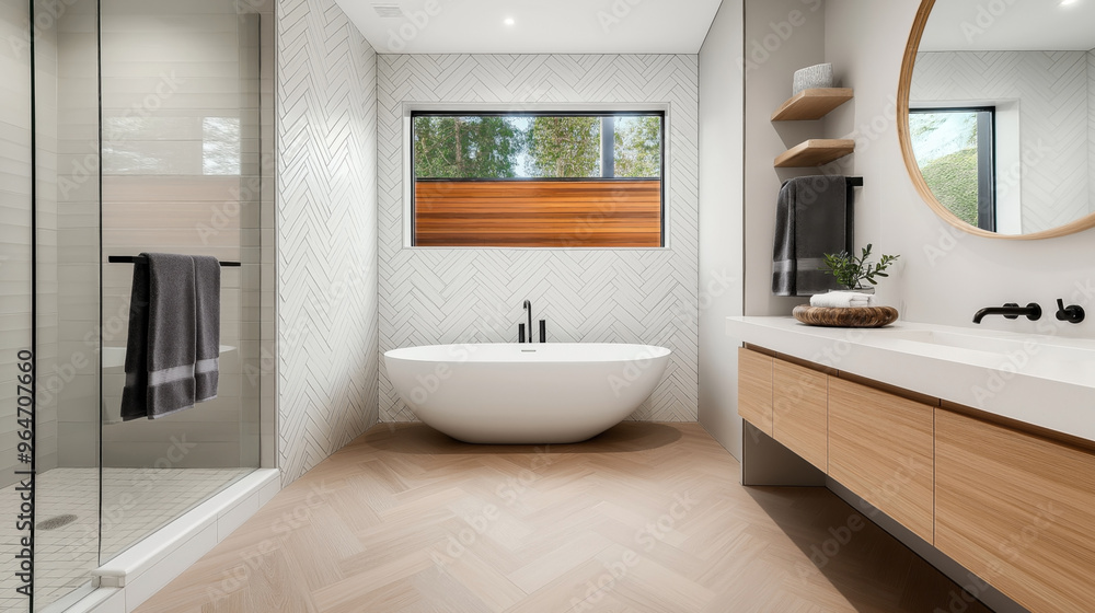 Modern bathroom with a freestanding bathtub, glass-enclosed shower, floating vanity, and large mirror. Features herringbone tile walls, light wood cabinetry, and natural light. Modern bathroom with a freestanding bathtub, glass-enclosed shower, floating vanity, and large mirror. Features herringbone tile walls, light wood cabinetry, and natural light.