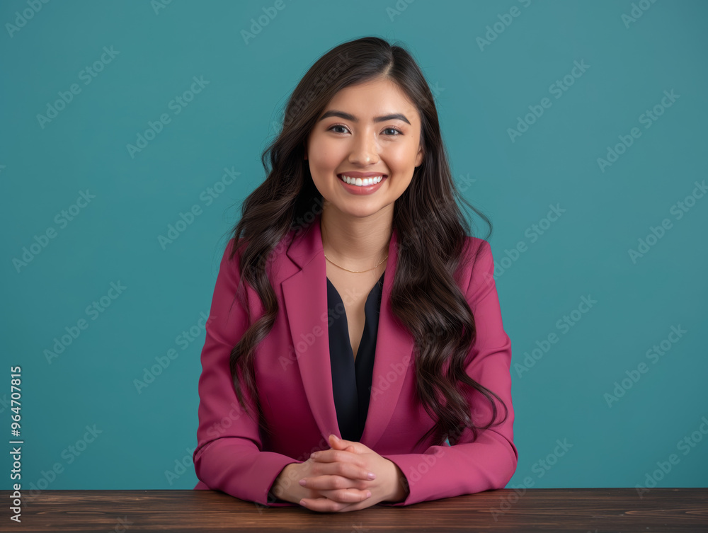 Confident Japanese businesswoman, pink suit sitting at a desk, smiling. Female Asiatic businessperson smiling at the camera in front of a turquoise background showing professionalism and confidence. Confident Japanese businesswoman, pink suit sitting at a desk, smiling. Female Asiatic businessperson smiling at the camera in front of a turquoise background showing professionalism and confidence.