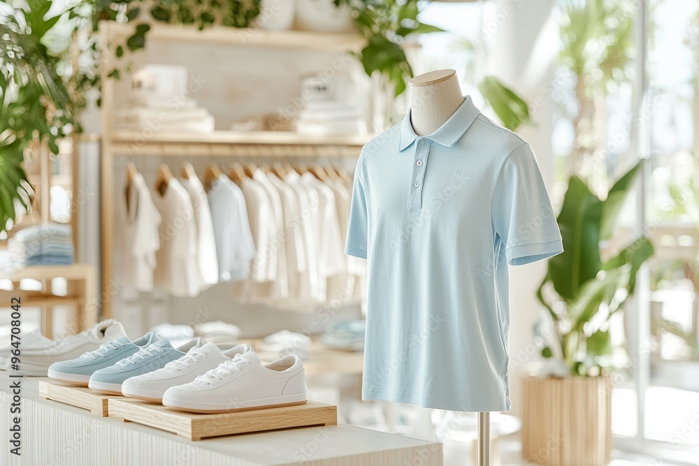 A store display of blue shirts and white shoes A store display of blue shirts and white shoes