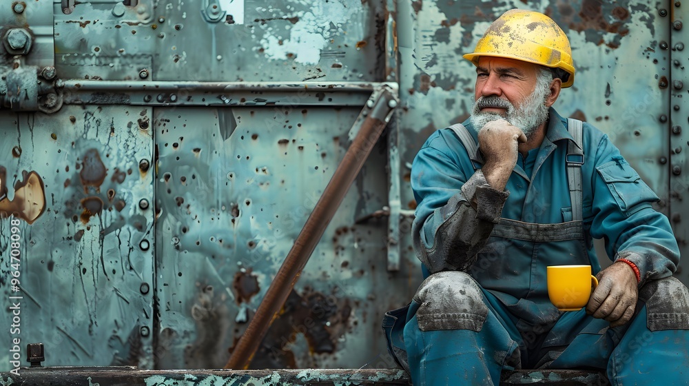 Mature construction worker taking a break on site and drinking a hot coffee beverage Mature construction worker taking a break on site and drinking a hot coffee beverage