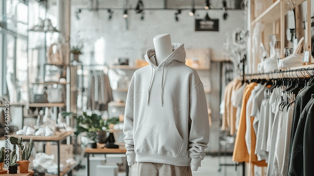 A mannequin is wearing a white hoodie in a store A mannequin is wearing a white hoodie in a store