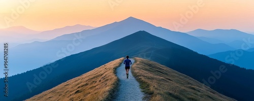 Scenic view of a runner on a mountain path at dawn, representing endurance and connection to nature photo