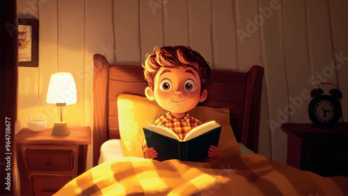 Little Boy Reading Book Lying In Bed Under Small Night Lamp In Cozy Bedroom Cartoon Illustration For Childrens Book Adorable Bedtime Scene Warm Lighting Comfortable Room Whimsical