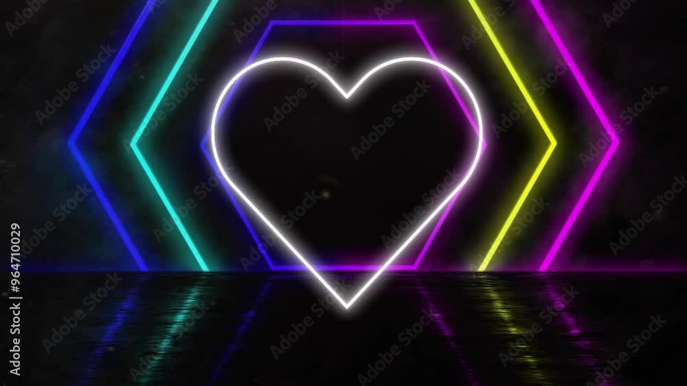 Animation of neon heart icon over glowing neon pattern on black background Animation of neon heart icon over glowing neon pattern on black background