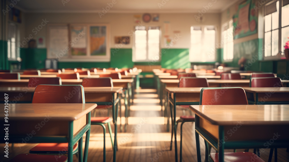 generated illustration of empty classroom with many wooden chairs generated illustration of empty classroom with many wooden chairs