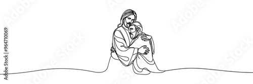 Single line style vector image on white background. Jesus embraces a sinner, man in the arms of Jesus