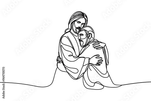 Single line style vector image on white background. Jesus embraces a sinner, man in the arms of Jesus