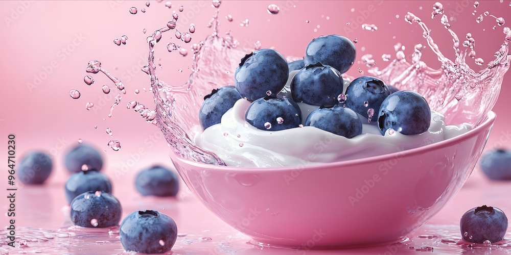 Vibrant Blueberries in Yogurt Splashing in Pink Bowl Vibrant Blueberries in Yogurt Splashing in Pink Bowl