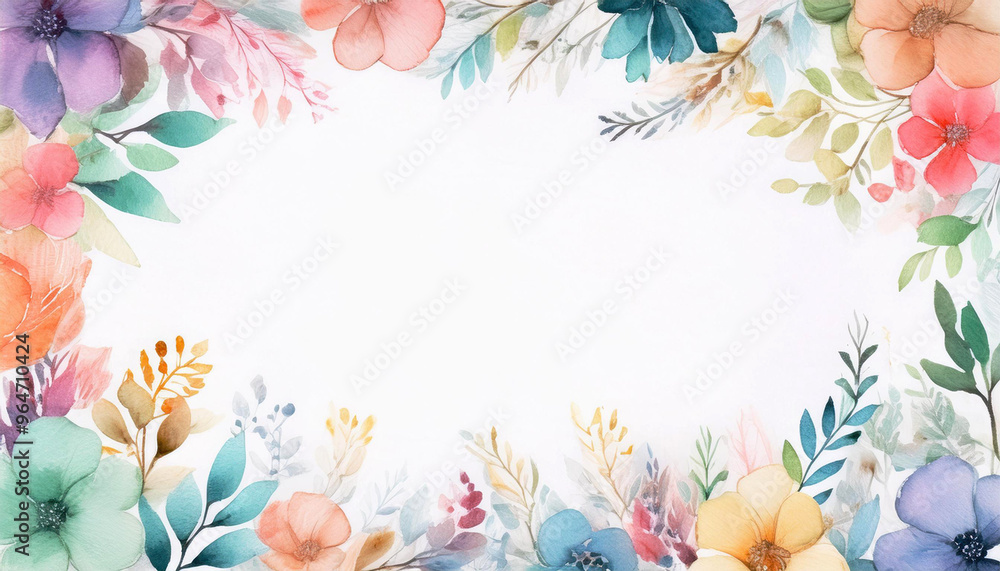 カラフルなお花の水彩画イラストフレーム背景 カラフルなお花の水彩画イラストフレーム背景