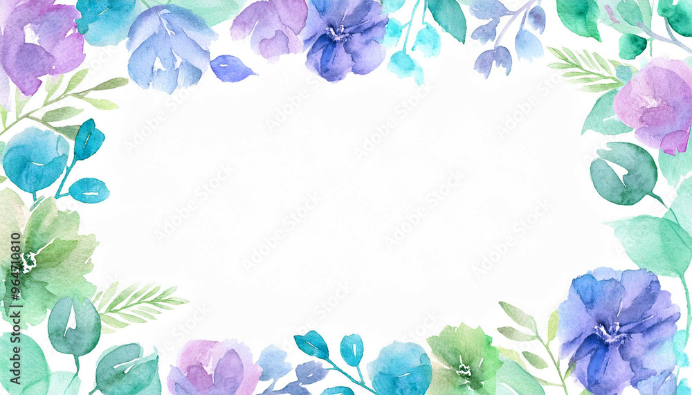 青と紫のお花の水彩画イラストフレーム背景 青と紫のお花の水彩画イラストフレーム背景