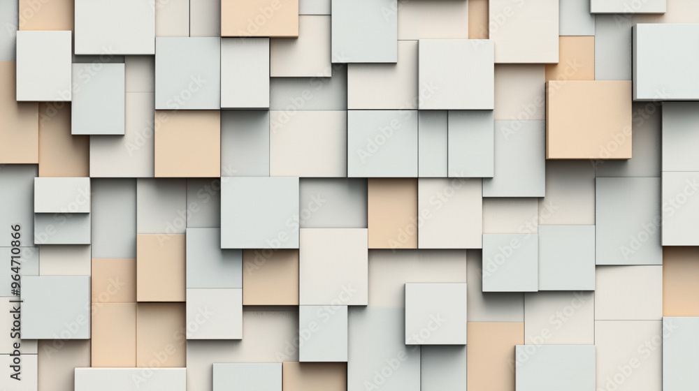 Abstract composition of overlapping square tiles in beige, cream, and light gray shades, arranged in a three-dimensional grid pattern creating a geometric effect.