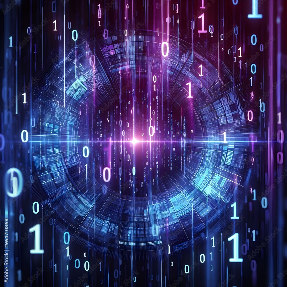 Fototapeta premium Abstract binary background for hackathon and other digital events, A high-tech image of binary code flowing in a blue digital data stream, representing the concept of information technology