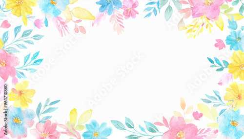 カラフルなお花の水彩画イラストフレーム背景