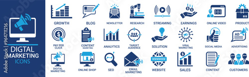 Adobe IllustDigital marketing icon set. Containing seo, content, website, social media, sales and online advertising. Solid vector symbol collection.rator Artwork