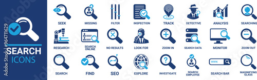 Adobe IllustrSearch icon set. Containing magnifying glass, find, research, SEO and investigate icons. Solid icon collection. Vector illustration.ator Artwork