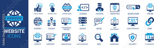 Adobe Illustrator ArtworkWebsite icon set. Containing web design, internet, content, SEO, hosting, server, homepage and e-commerce icon. Solid icon collection. Vector illustration