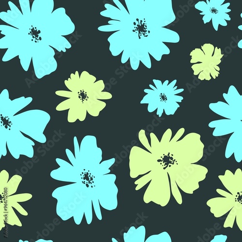 Seamless floral vector laconic black and white handmade ink drawing for fabric design, decor, ceramics, greeting cards, flowers, texture print for backgrounds
