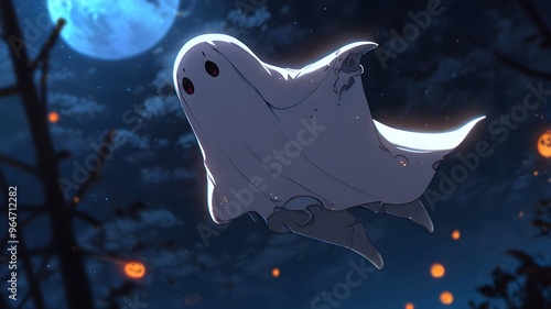 An anime-style illustration of a cute ghost wearing a Halloween costume, floating in the air perfect for Halloween photo