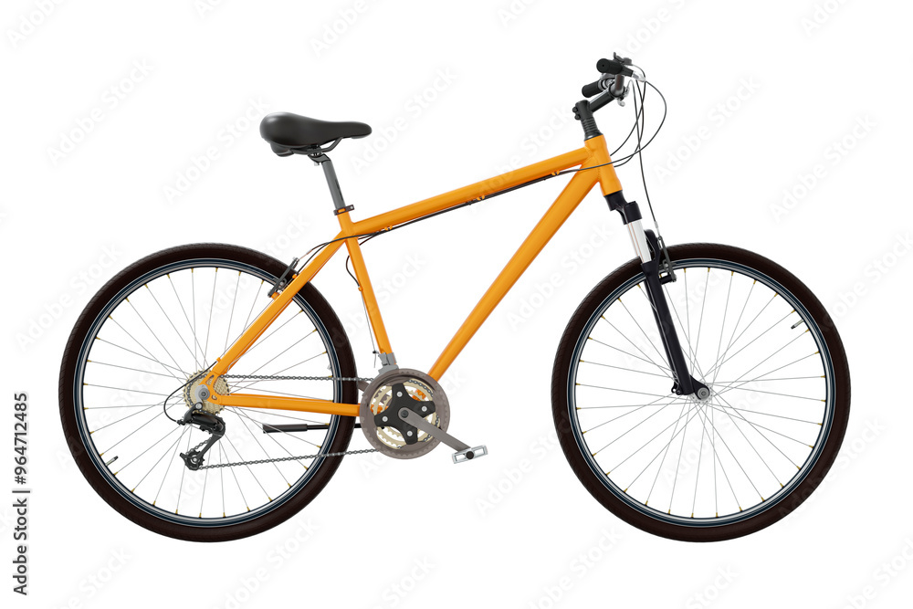 Orange bicycle, side view. Black leather saddle and handles. Png clipart isolated on transparent background Orange bicycle, side view. Black leather saddle and handles. Png clipart isolated on transparent background