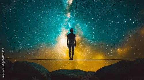 Fototapeta Naklejka Na Ścianę i Meble -  Balancing the extremes: A silhouette of a tightrope walker against a starry sky, symbolizing life's balance between joy and sorrow, poverty and richness