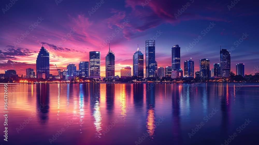Fototapeta premium Stunning city skyline at sunset with vibrant colors reflected in the calm water, capturing the beauty and serenity of urban life.