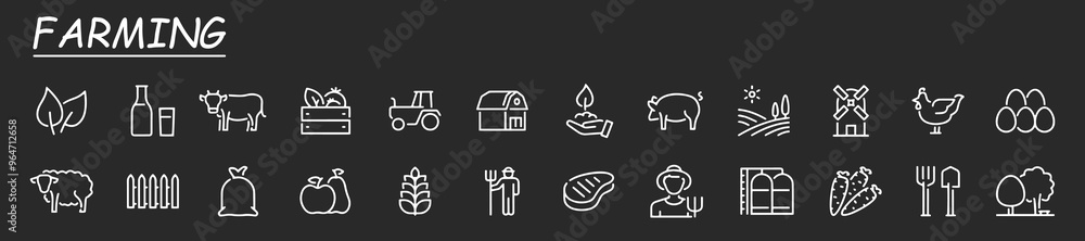 Set of line icons related to farm, farming, gardening, agriculture, smart farm, farm animals, seeding. Vector illustration Set of line icons related to farm, farming, gardening, agriculture, smart farm, farm animals, seeding. Vector illustration