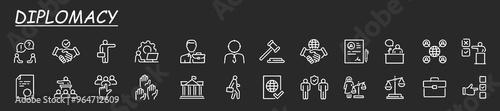 Diplomacy Line Icons set. Vector illustration in modern style of political dialogue related icons: summit, diplomatic, politics, debate, and more. Isolated on grey