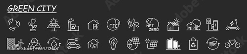 Green city icon set. Sustainable development. Contains such icons as renewable energy, autonomous building, air and water quality.