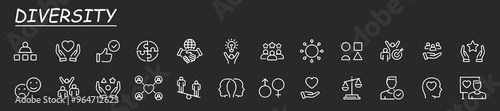 Diversity icon set. Containing equality, culture, languages, tolerance, difference, belonging, human rights and ethnicity icons. Flat icon collection. Vector illustration.