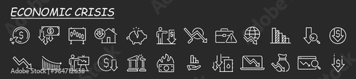 Economic crisis web icon set in line style. Decrease, layoff, job fired, pay cuts, low cost, collection. Vector illustration.