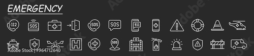 Emergency web icons in line style. Evacuation, SOS emergency call, ambulance, help, emergency hotline, exit, collection. Vector illustration.
