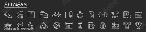 Vector set of fitness line icons. Contains icons gym, nutrition, cardio exercises, sports supplements, yoga, sleep, workout and more.