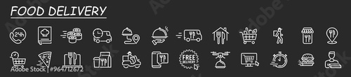 Collection of icons symbolizing food delivery, ordering meals, shopping online. Contains such Icons as Courier on the bike, Food Box, Contactless Delivery and more.