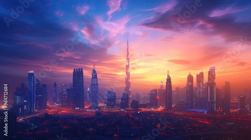 Stunning cityscape at sunset with skyscrapers and vibrant colors, capturing the modern urban architecture against a dramatic sky.