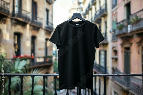 a t - shirt hanging on a balcony in a city