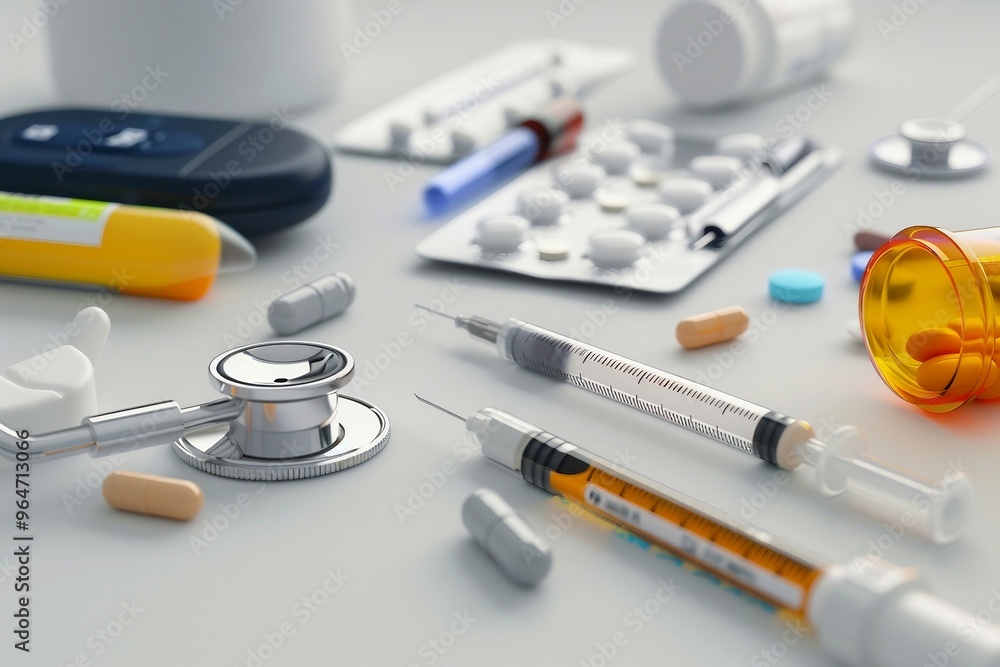 a table topped with medical supplies and pills a table topped with medical supplies and pills
