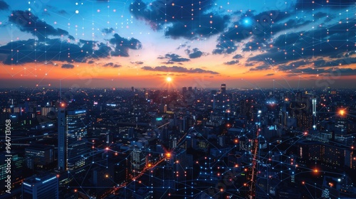 Stunning digital cityscape at sunset with a colorful sky, glowing city lights, and a matrix of data lines overlaying the image.