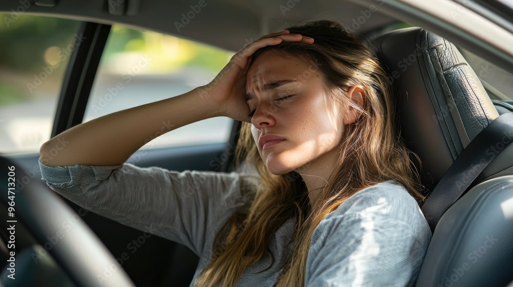 A tired woman is sitting in the driver's seat of her car, with one hand on her forehead, and has a stressed expression with her eyes closed. Her face shows the stress of driving A tired woman is sitting in the driver's seat of her car, with one hand on her forehead, and has a stressed expression with her eyes closed. Her face shows the stress of driving