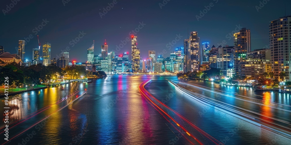 Fototapeta premium Stunning nighttime cityscape with vibrant lights reflecting on the river, showcasing the dazzling urban skyline and busy city life.