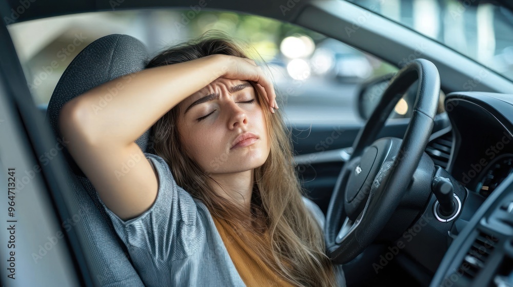 A tired woman is sitting in the driver's seat of her car, with one hand on her forehead, and has a stressed expression with her eyes closed. Her face shows the stress of driving A tired woman is sitting in the driver's seat of her car, with one hand on her forehead, and has a stressed expression with her eyes closed. Her face shows the stress of driving